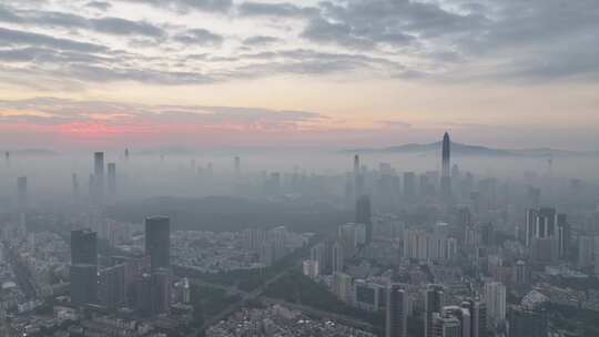 深圳福田清晨平流雾日出航拍