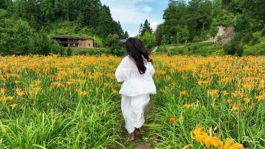 萱草花园里奔跑美少女采摘乡村振兴新农村