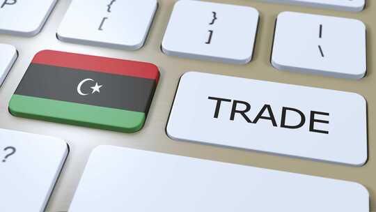 按钮3D动画上的利比亚国旗和贸易文本