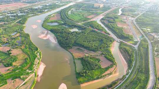 航拍陕西西安高陵区泾渭分明泾河渭河交汇视频素材模板下载