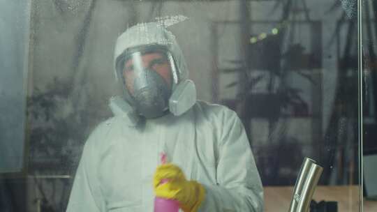 一个穿着呼吸器和白色防护服的男人在擦窗户
