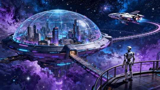 机器人眺望未来科幻城市