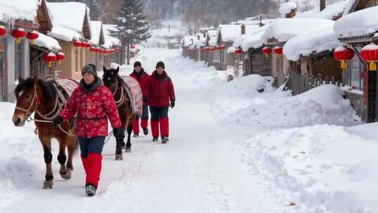 雪乡行人牵马雪中穿行