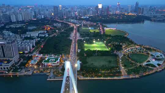 航拍海南海口世纪大桥城市蓝调夜景风景