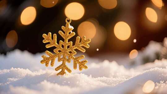 雪地中的金色雪花圣诞装饰