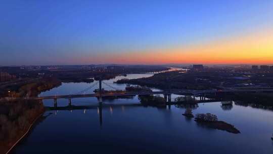 航拍辽宁沈阳城市风光日出空镜头