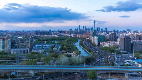北京城市CBD车流夜景日转夜延摄影
