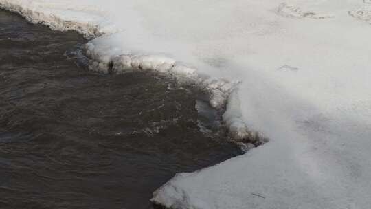 黄河支流湟水河水与岸边积雪共存的景象