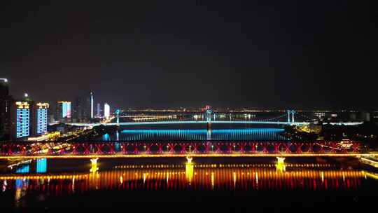 航拍湖北襄阳汉江大桥夜景