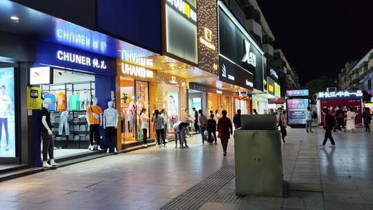 城市街道马路建筑步行街街商铺菜市场人流