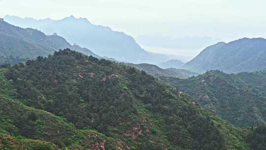 夏季金山岭长城早晨阴雨雾气风光