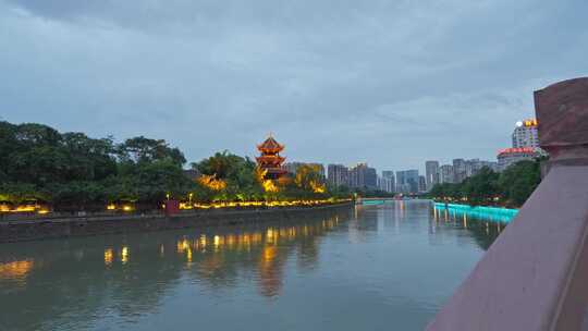 成都望江楼公园望江楼锦江府河夜景实时