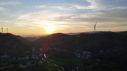 航拍山川风车日落晚霞夕阳