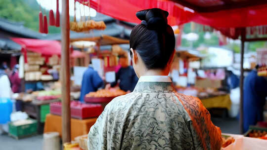 古代集市摆摊设店女人逛街买东西