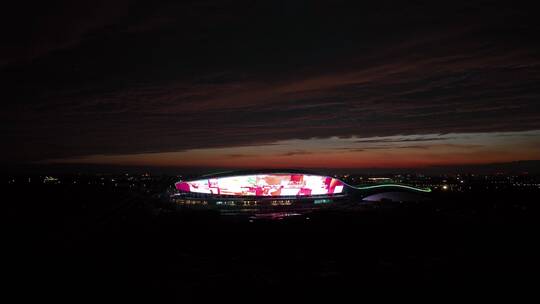 洛阳伊滨区奥林匹克体育中心体育场航拍晚霞视频素材模板下载