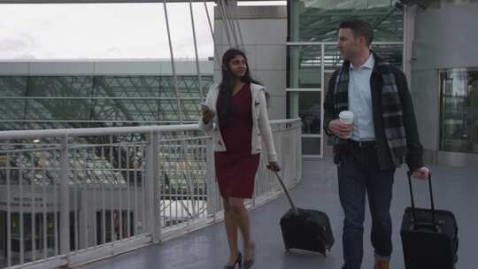 一男一女在机场户外散步和交谈时拉着行李