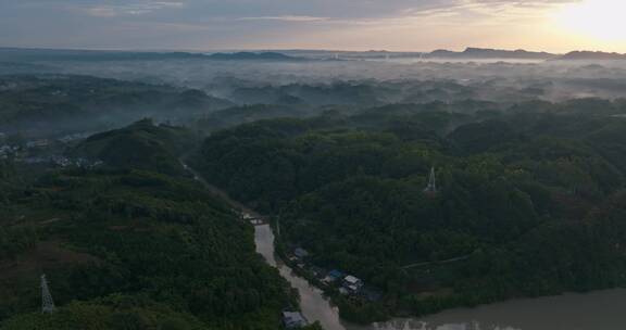 四川乐山丘陵层雾航拍风景