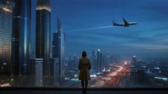 孤独女孩眺望未来城市励志概念视频