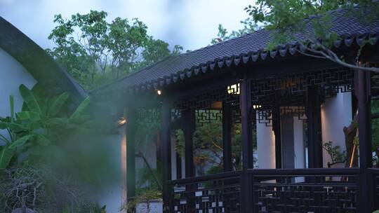 夜晚中式合院江南园林别墅院子景观