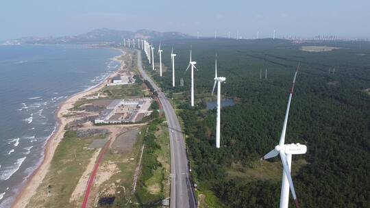 航拍山东威海海岸线公路风车唯美风光