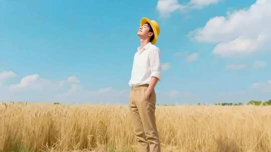 男子麦田仰头享受惬意时光