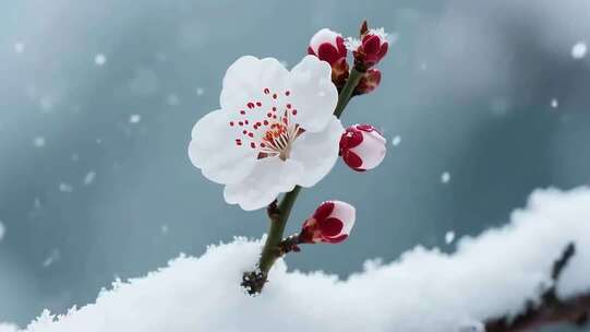 雪中绽放的梅花特写