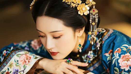 古装女子低头手部特写