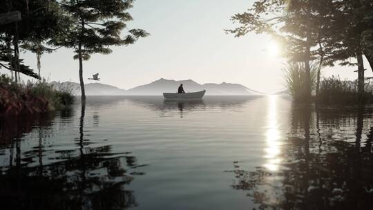 一个人湖面孤舟视频素材模板下载