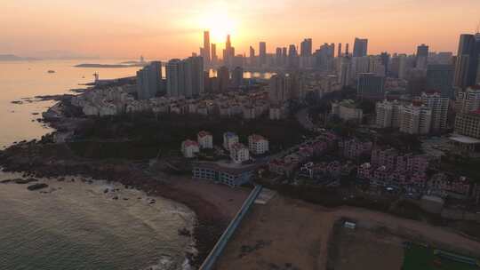 青岛黄昏日落 城市海岸线 夕阳