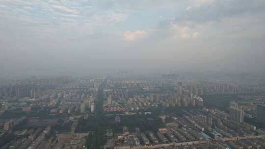 山东淄博清晨城市迷雾日出彩霞航拍