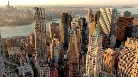 航拍纽约曼哈顿翠贝卡哈德逊河摩天大楼日出视频素材模板下载