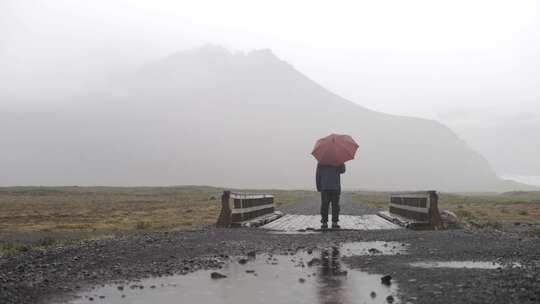 雨伞，下雨，站立，水坑