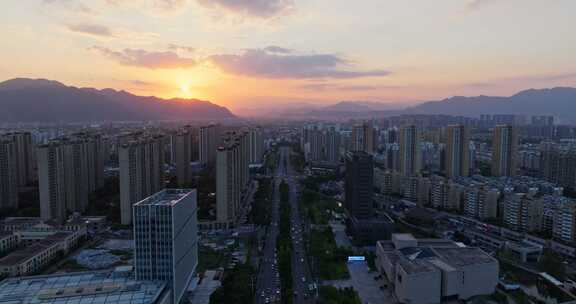 浙江台州城市日落风光航拍