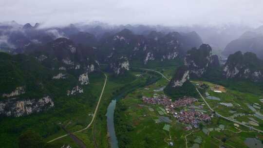 航拍雨后云雾山村山脉山川