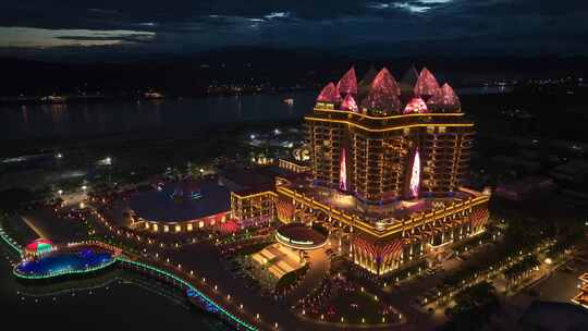 老挝金三角特区木棉之星酒店城市夜景航拍