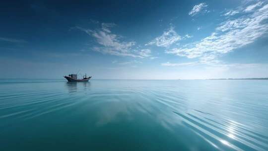海天一色渔船行驶于平静海面