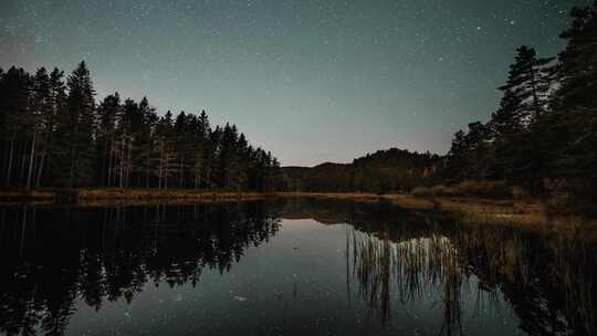 夜空中轻盈快速移动的云彩倒映在黑暗的湖面