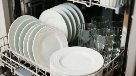 洗碗机内的餐具特写