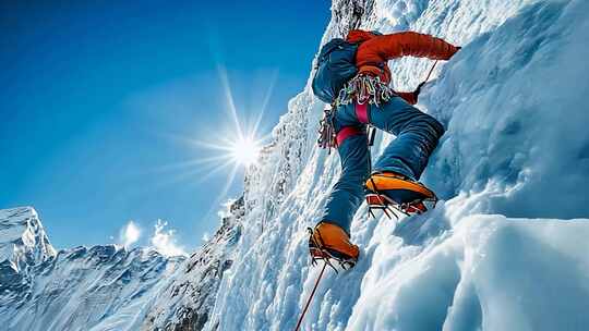 登山者攀登雪山背影