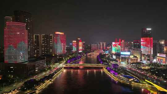 无人机航拍浙江省宁波市三江口城市夜景