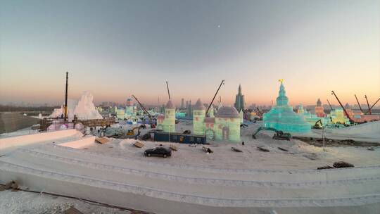 4K哈尔滨冰雪大世界建设延时摄影