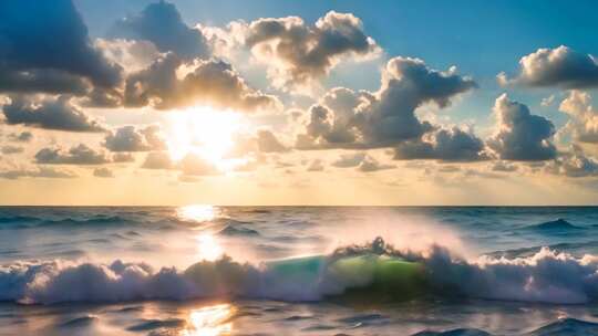 海上日落海浪全景