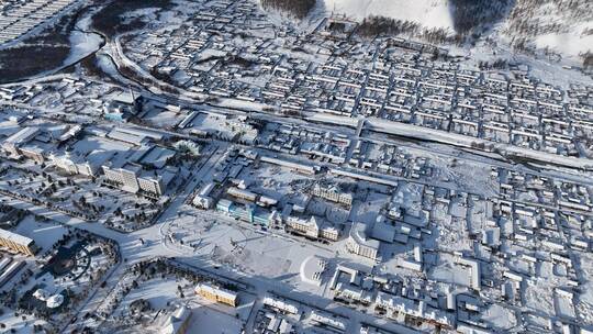 航拍大兴安岭森林小镇雪景