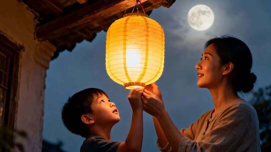 母子夜晚户外提灯笼场景