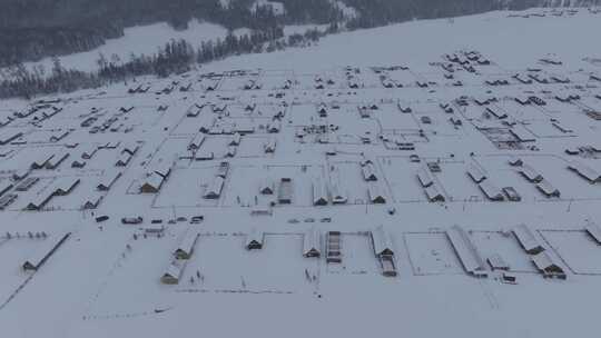 航拍新疆喀纳斯新村雪景