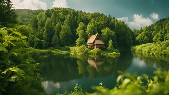 森林湖畔小屋风景