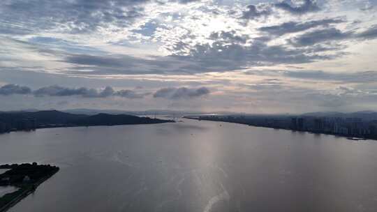 广东汕头海湾夕阳晚霞航拍