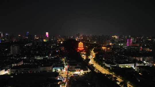 武汉黄鹤楼夜景航拍城市夜晚古建筑黑夜风光