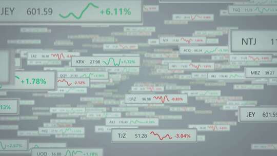 相机飞过股市数据。金融投资或交易概念。