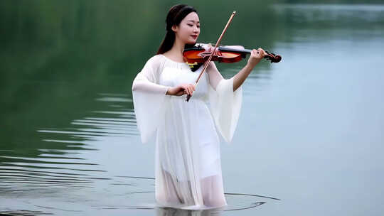 湖边女子小提琴大提琴演奏